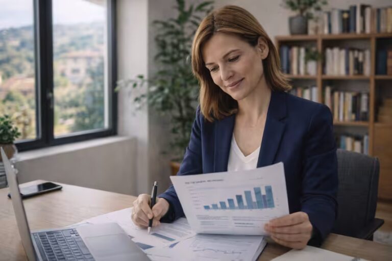 Donna professionista che consulta la sua polizza assicurativa vita