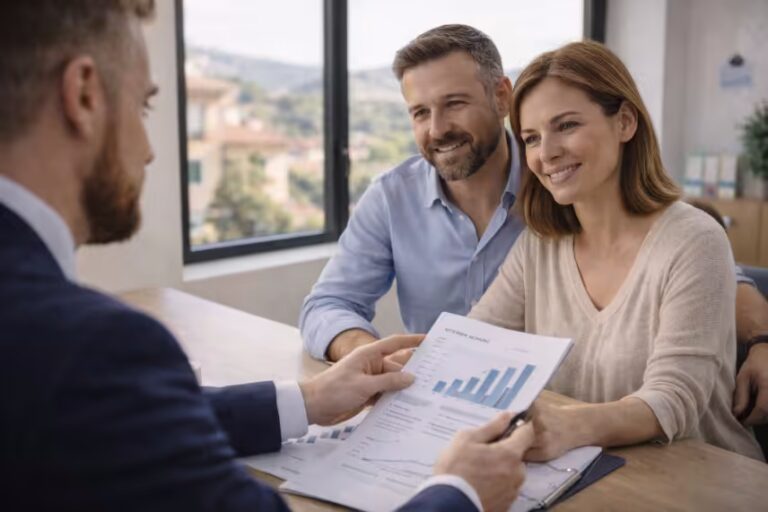 Consulente che illustra soluzioni di assicurazione finanziaria e risparmio